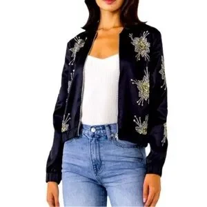 Endless Rose Sequin Bead Bomber Jacket, Black, Medium/Large